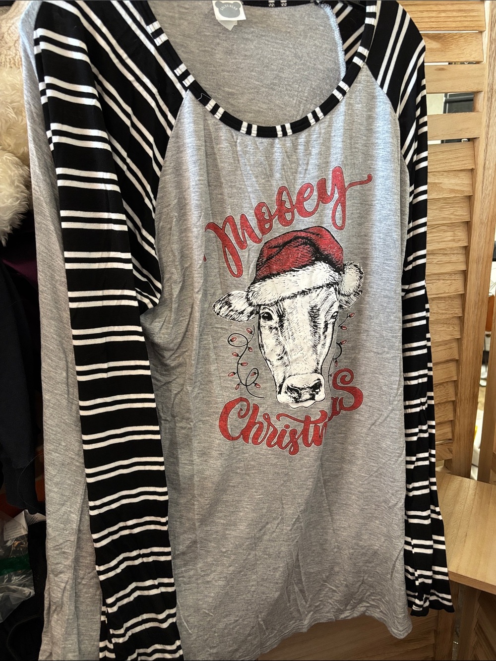 Mooey Christmas Gray & Black Stripe Holiday Top 3X